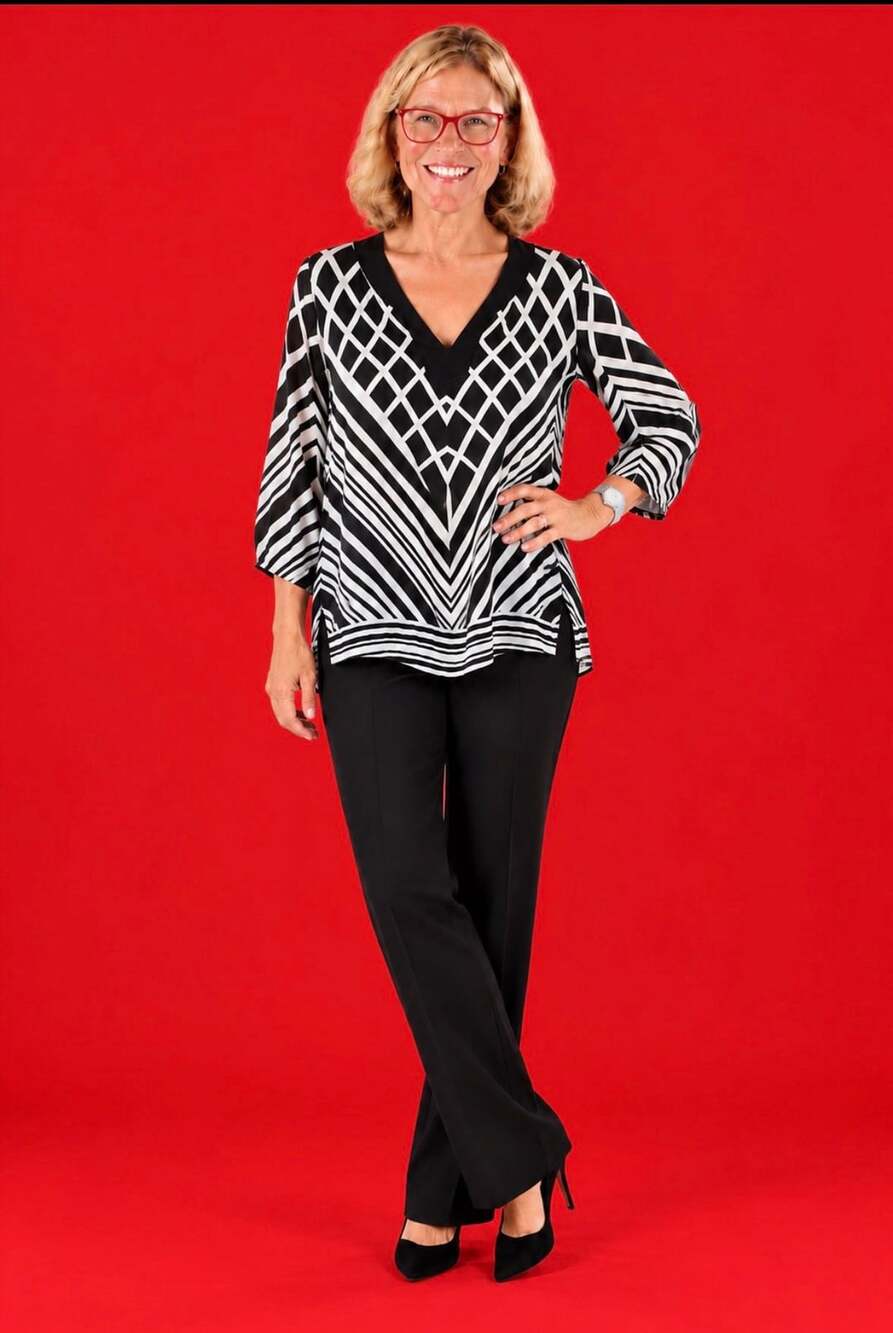 Peter Nygard Black and White Geometric V-Neck 3/4 Sleeve Top XL